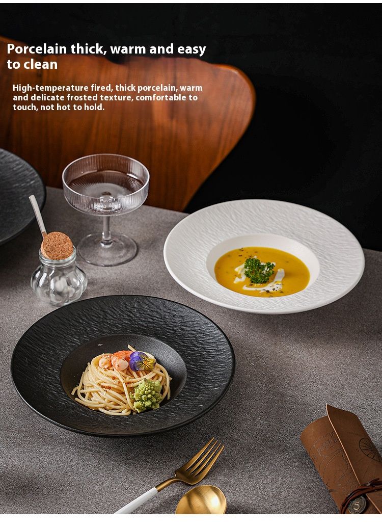 Set di piatti in ceramica – Elegante gres bianco e nero per pasta, dessert e zuppa (moderno e minimalista, di qualità da ristorante, resistente texture in pietra)_voghion.com