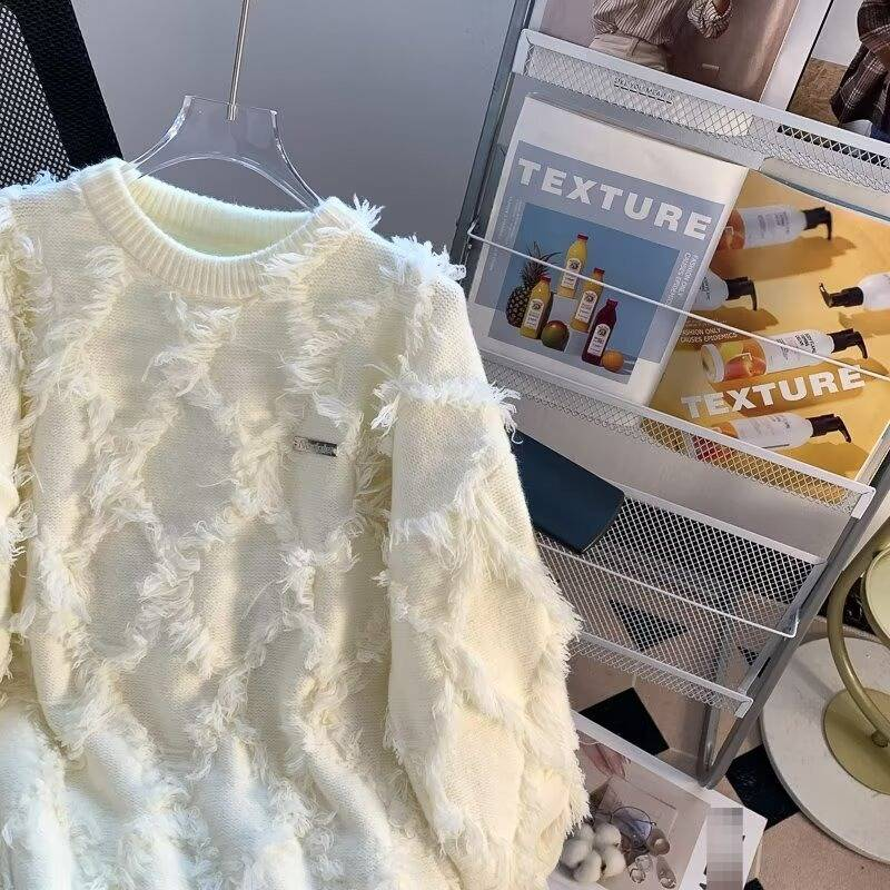 Men's Vintage Fringe Knit Sweater – Oversized Boho Pullover With Tassel Details, Unisex Loose Fit Casual Crewneck (Beige/Black)_voghion.com