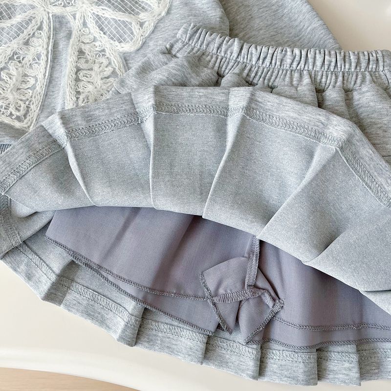 2024 autunno nuova versione coreana ragazze bavero fiocco felpa con cappuccio per bambini manica lunga gonna corta due pezzi set, 67339_voghion.com