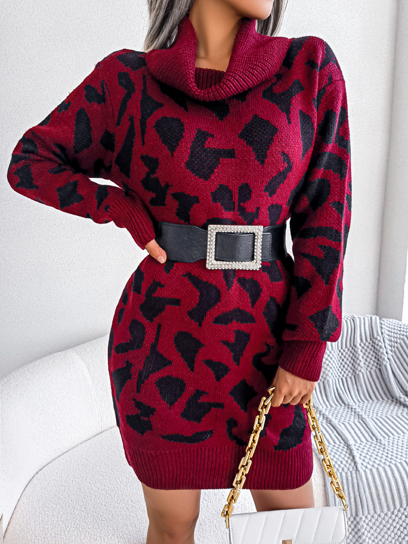 Damenbekleidung Echte Aufnahme des Herbst- und Winter-Street-Styles, hochgeschlossenes, langärmliges Pulloverkleid mit Leopardenmuster und unabhängiger Station_voghion.com