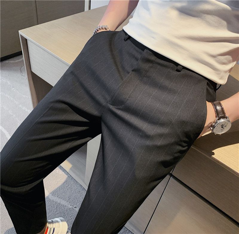 Summer thin men's slim-fitting trousers fashionable striped pants Korean version comfortable micro-elastic small foot_voghion.com