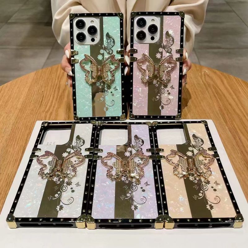 For Samsung S22 S23 S24 Plus Ultra FE A33 A53 A73 A25 A34 A54 Luxury Cute Square Butterfly Flower Diamond Ring Holder Phone Case_voghion.com