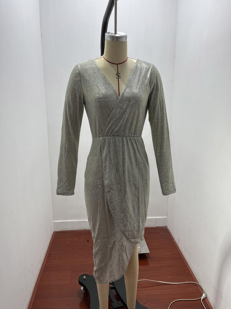 Ženska oblačila, nova vroče žigosana seksi midi krilo z dolgimi rokavi, V-izrez, formalna večerja, slim fit obleka za ženske_voghion.com