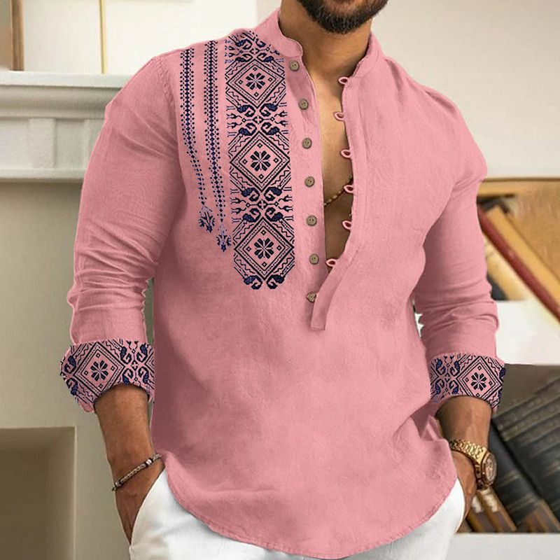 2025 Herren Kunst Bedruckt Neue Mode Frühjahr Und Herbst Langarm Leinen Hemd Taste Bequeme Stoff Street Trend_voghion.com