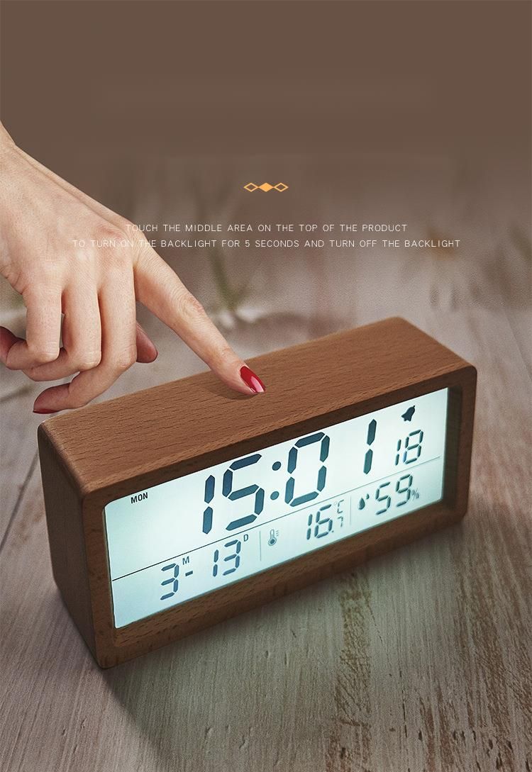 Nuovo stile in legno massello semplice temperatura e umidità 1906 luminoso comodino grande schermo LCD sveglia in legno_voghion.com