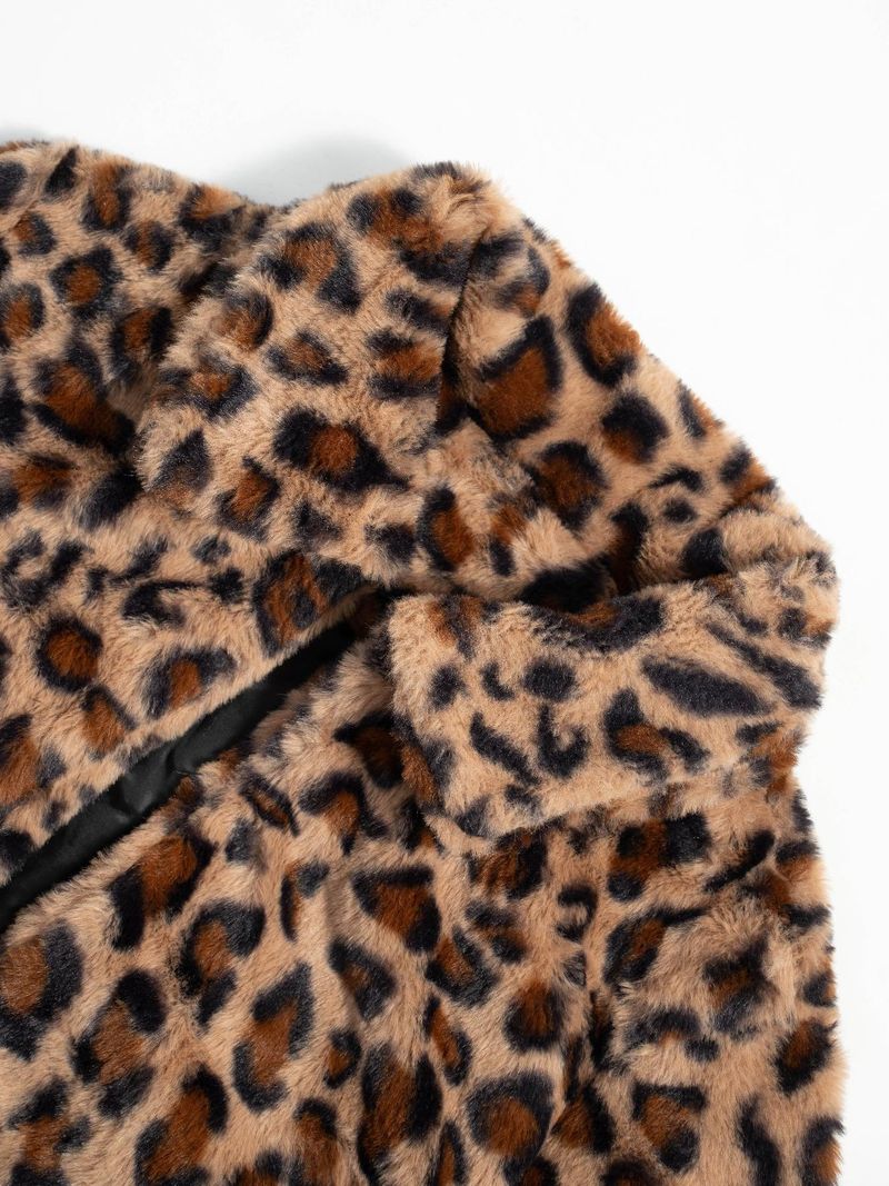 Dammekleeder Moud Casual Quadratkragen Pelzmantel Leopardendruck Plüsch laange Mantel Hierscht a Wanter Tops fir Fraen_voghion.com