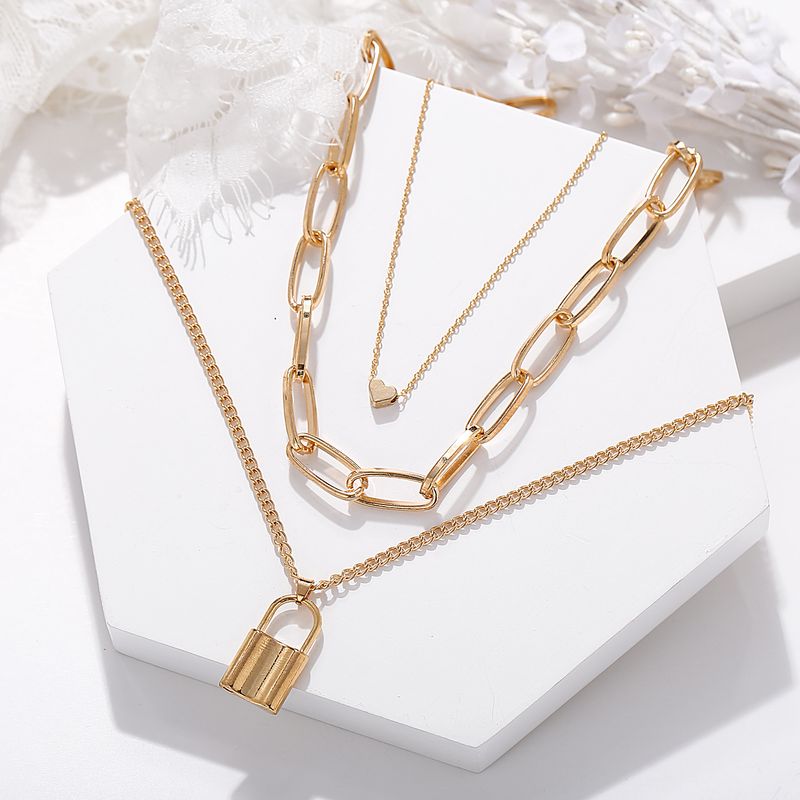 new multi layer necklace Creative retro simple heart lock pendant three layer sweater chain_voghion.com