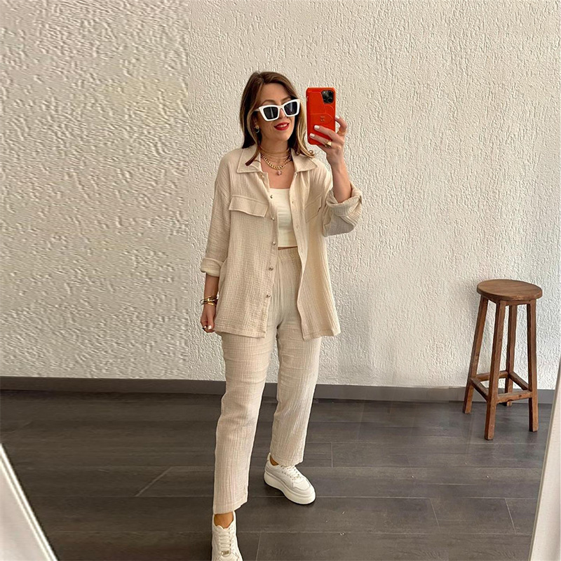Γυναικεία Ρούχα Plus Size Διπλή στρώση Crepe Loose Μεγάλο Πέτο Μακρυμάνικο Πουκάμισο Casual_voghion.com