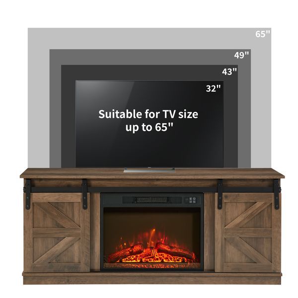 Fireplace TV Stand For Television Up To 65 Inch With Storage And Farmhouse Sliding Barn Doors, Entertainment Center With Cabinet And Shelves,Natural_voghion.com