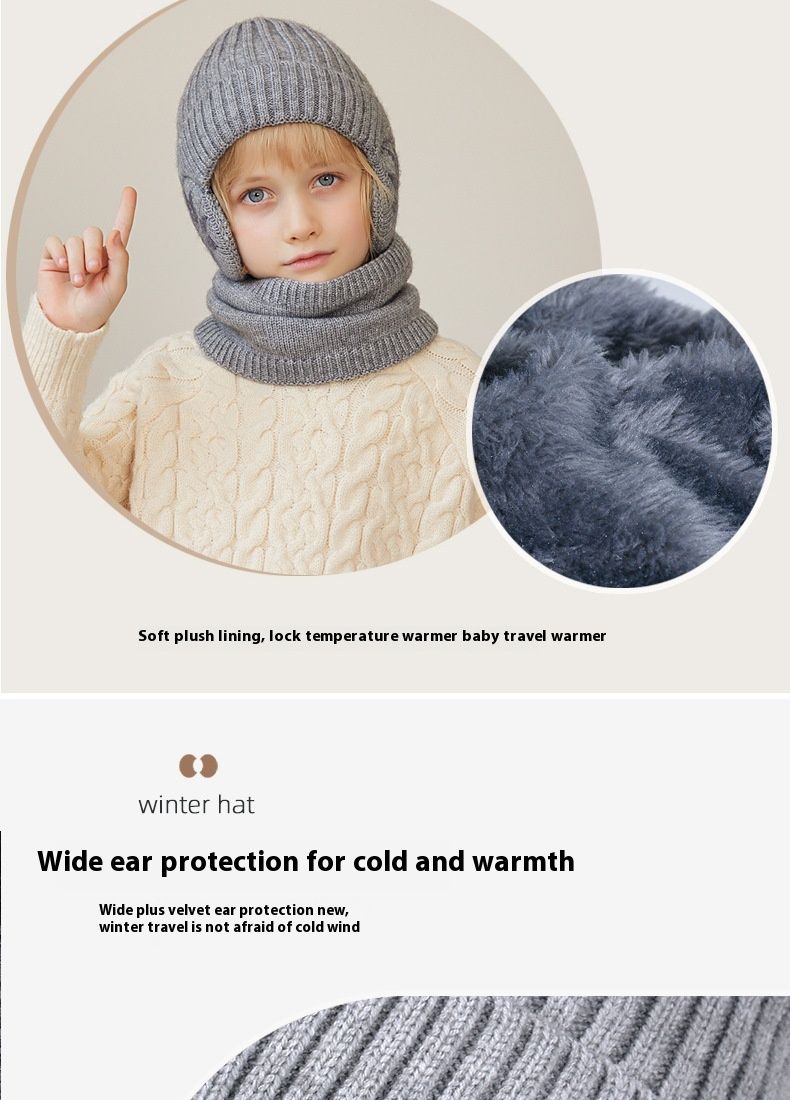 Children's Hat Winter Velvet Neck Set Knitted Wool Hat Men's and Girls' Warm Ear Protection Hoodie Head Cap_voghion.com