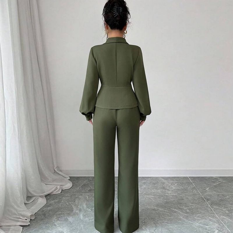 Completo blusa e pantaloni dolce e sofisticato – Completo da ufficio a maniche lunghe verde militare con maniche a lanterna (S-Xxl)_voghion.com