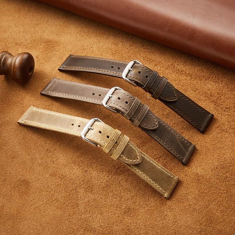 Vintage Italian Leather Watch Band - Genuine Oil Wax Leather, Ultra-Thin, Color-Changing Strap For 18/19/20/21/22mm Watches, Retro & Elegant Style_voghion.com