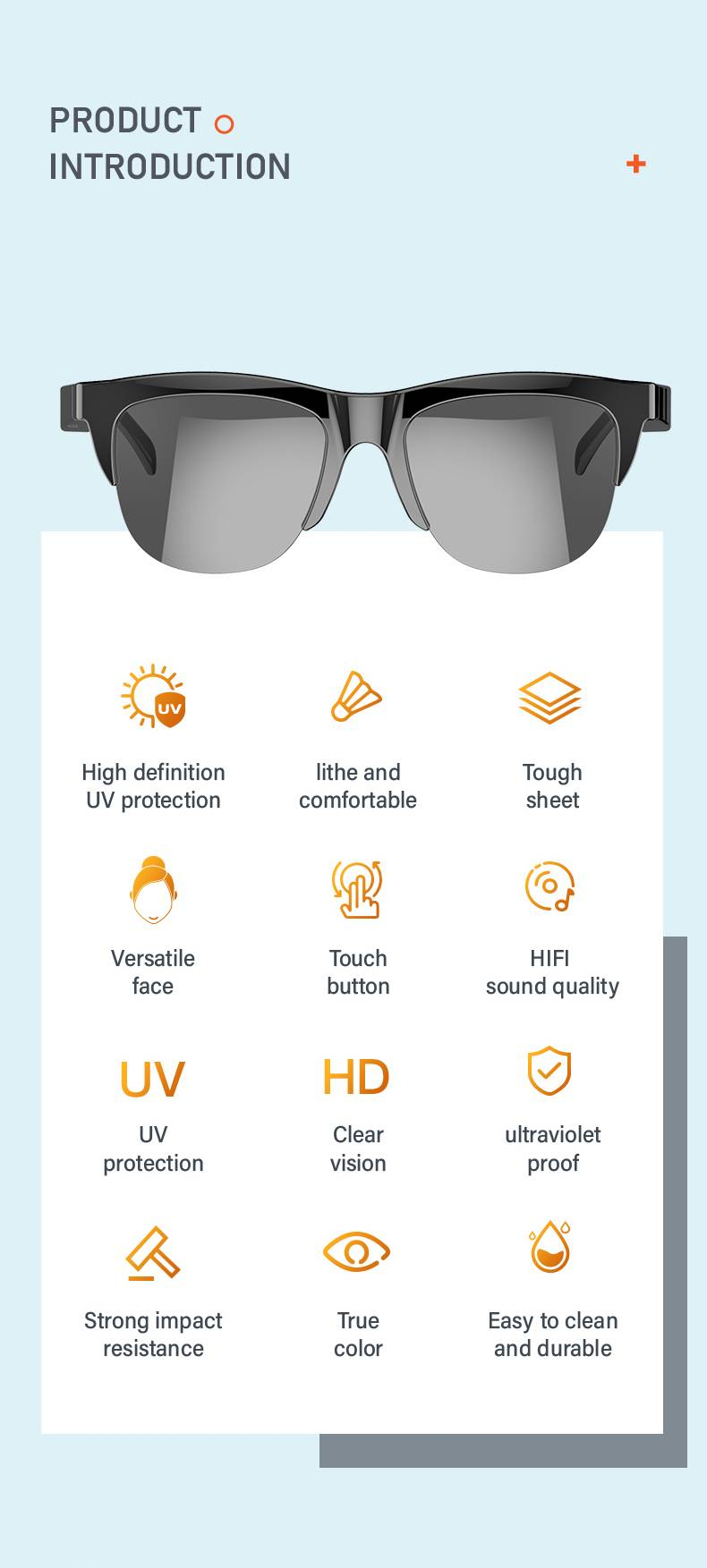 Óculos de sol Bluetooth sem fio inteligentes Fone de ouvido, controle de voz e microfone e alto-falantes Touch, óculos de sol UV para homens e mulheres_voghion.com