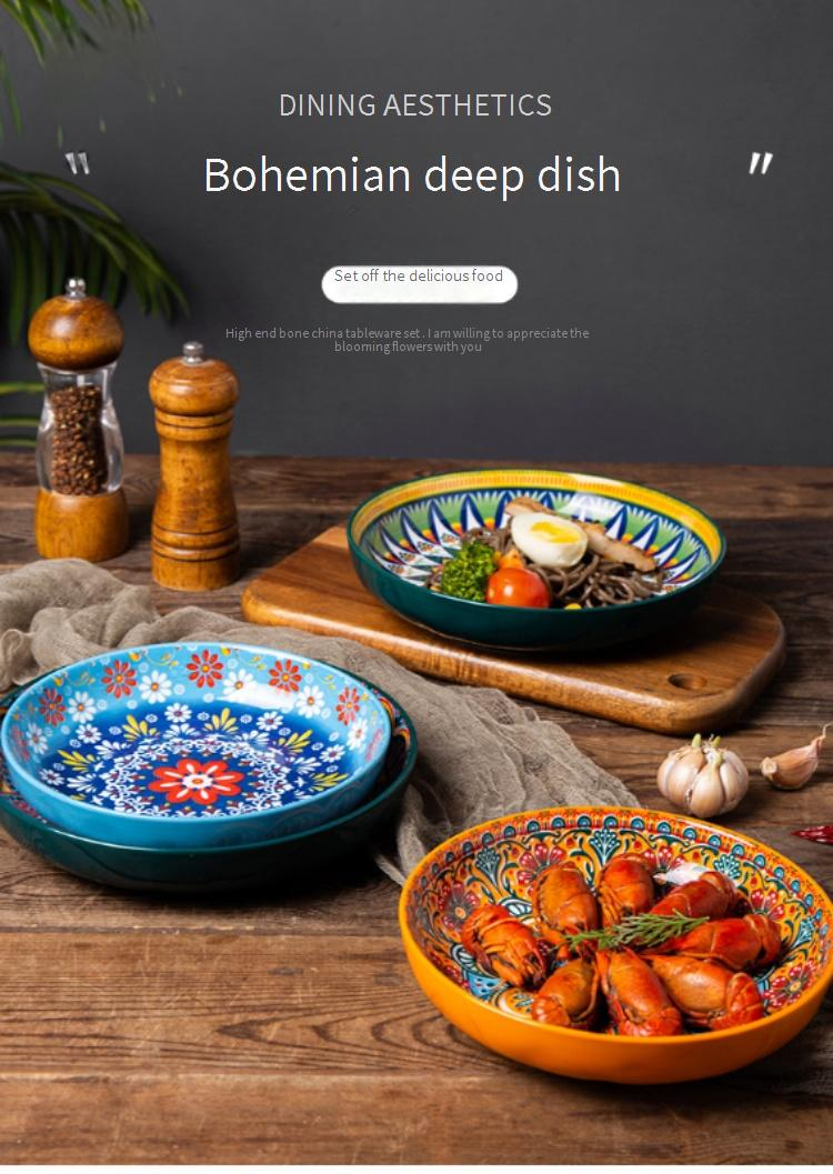 Ceramiczny talerz obiadowy w stylu boho – głęboki talerz w stylu vintage na śniadanie, pierogi i owoce (10,5 cala, nadaje się do mikrofalówki i zmywarki)_voghion.com