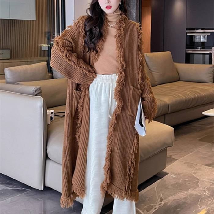 Cardigan en chenille à franges – Pull en tricot ouvert sur le devant surdimensionné avec un drapé doux, infroissable et léger (noir/gris/marron/crème,_voghion.com