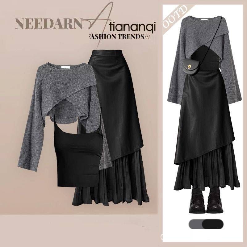 Autumn Plus Size Women's Outfit Set - Stylish Knit Sweater, Camisole & High-Waist Skirt (3-Piece)_voghion.com
