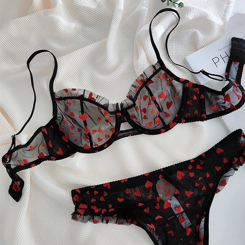 Women's Intimates Ultra Thin Transparent Heart Shaped Printed Women's Underwear Set Big Chest Small Bra_voghion.com