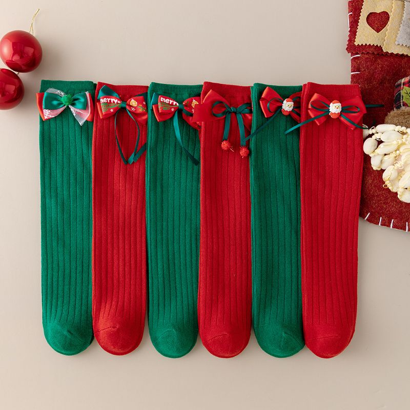 Calcetines para niños Otoño e invierno Calcetines con lazo rojo Calcetines de algodón rojos para niñas Calcetines navideños_voghion.com
