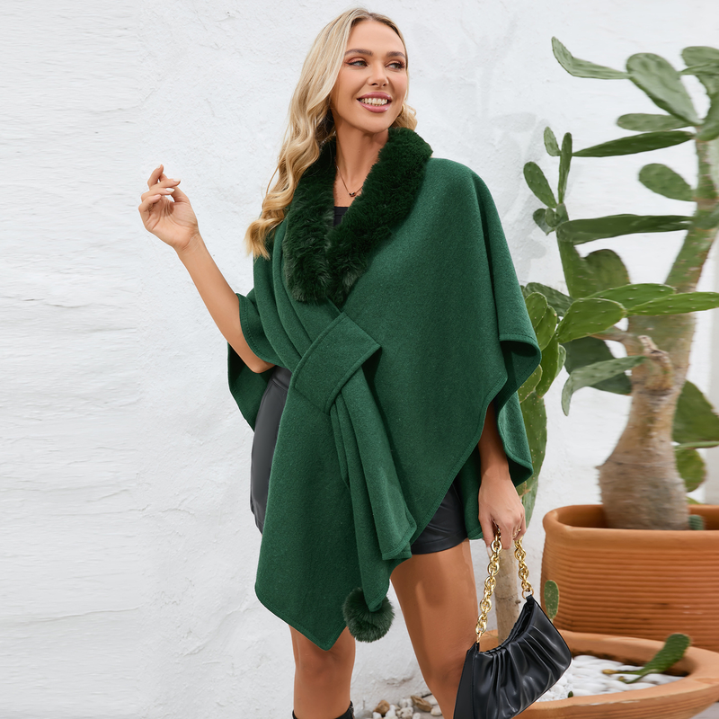 Capa con cuello de piel a la moda para mujer, cárdigan de punto holgado, abrigo de lana de gran tamaño_voghion.com