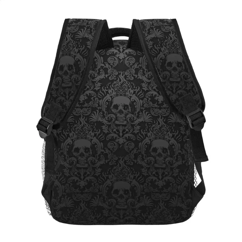 Goth Gothic Black Skull Damask Pattern Backpack Unisex Casual Laptop Backpacks School Bookbag Travel Hiking Camping_voghion.com