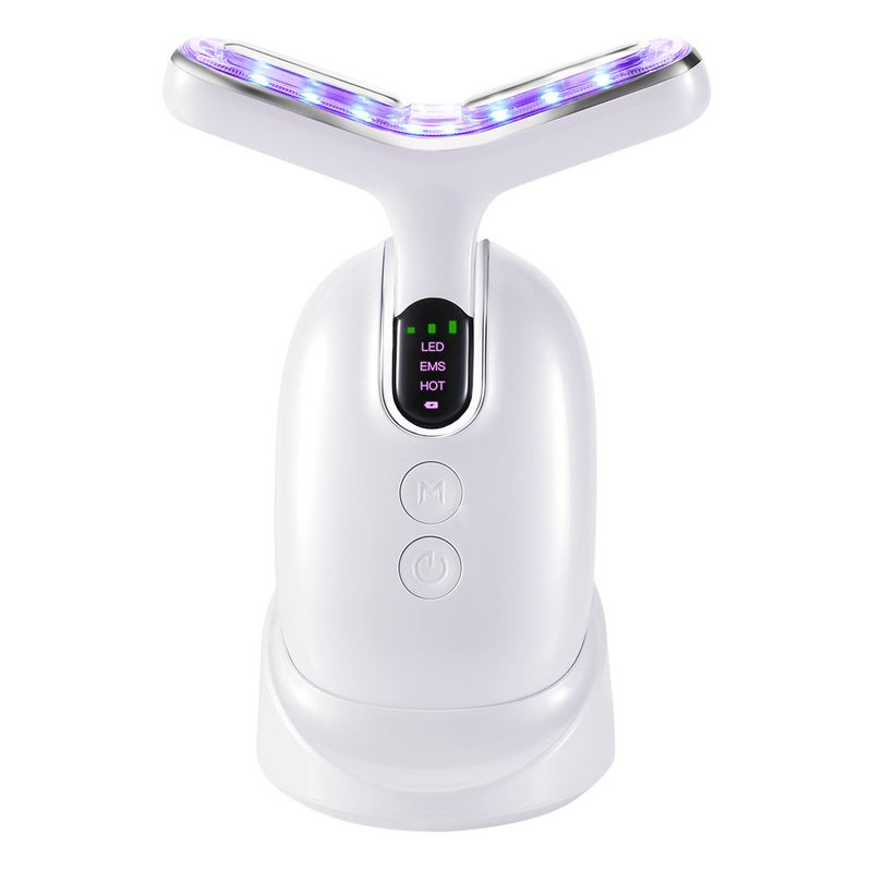 Dispositivo de masaje facial con luz de color de piel rejuvenecedor, tensor y lifting de belleza con microcorriente EMS para cuello_voghion.com