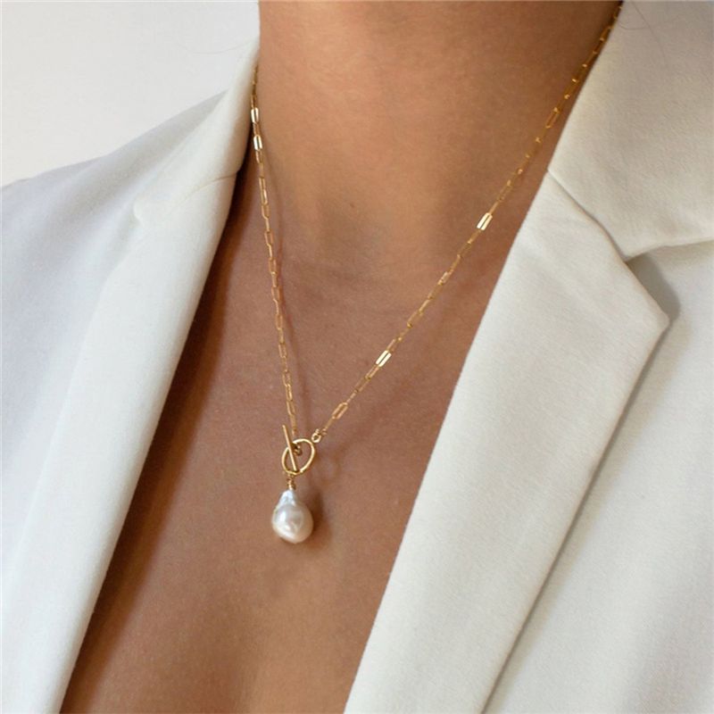 eManco Freshwater Pearl Toggle For Women Paperclip Necklace Stainless Steel Box Square Chain Long Choker_voghion.com