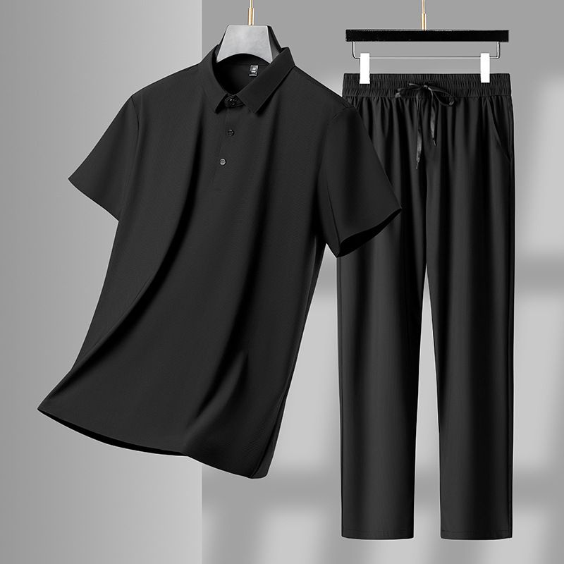 Conjunto informal de camiseta de manga corta y pantalón largo transpirable, sin costuras, con cuello vuelto, para hombre de mediana edad y jóvenes (CT 2025)_voghion.com