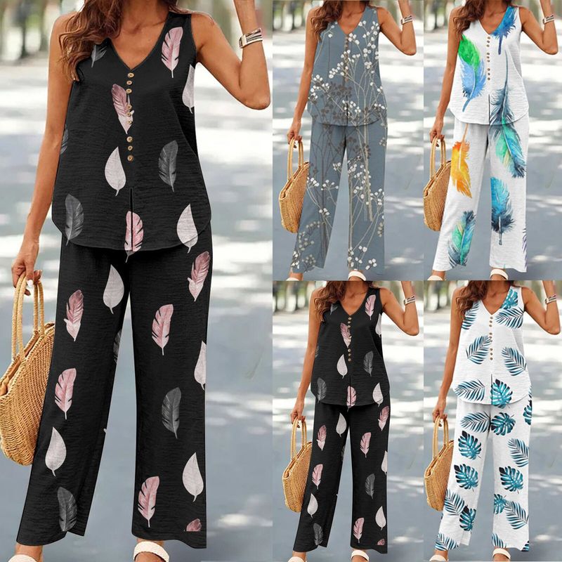 Terno feminino casual com decote em V, cor sólida, estampado, colete, calças largas_voghion.com