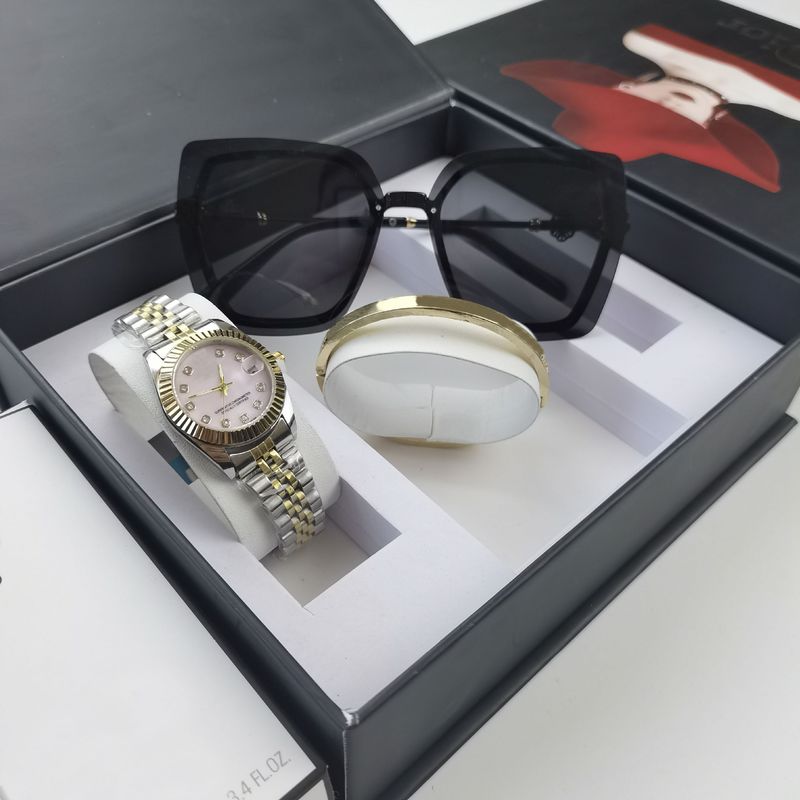 Orologio al quarzo con cinturino in acciaio da donna con diamanti, set di moda, occhiali da sole alla moda_voghion.com