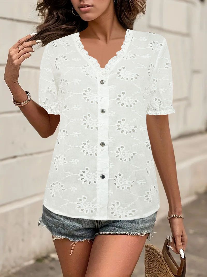 Bestickte Kurzarmbluse für den Sommer für Damen – Freizeithemd mit Blumenmuster und Schnürung, lockere Passform, atmungsaktive Polyestermischung, bequem und stilvoll_voghion.com