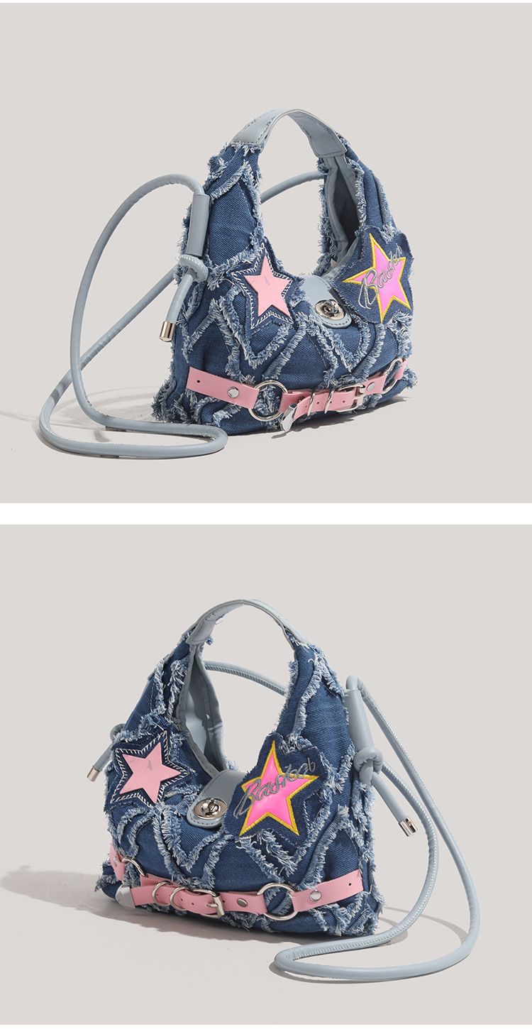 Borsa a tracolla in denim da donna Spice Girl Borsa a tracolla in denim con applicazione a pentacolo rosa con bordo grezzo_voghion.com