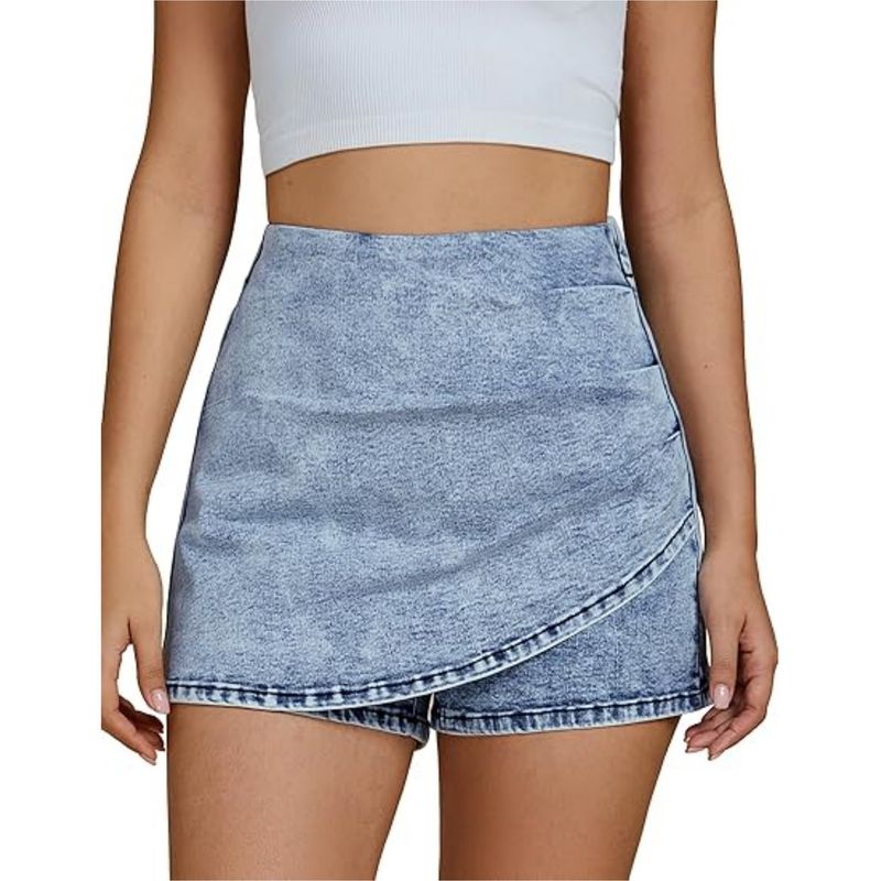 Gonna in denim elasticizzata casual alla moda da donna, a vita alta, in denim_voghion.com