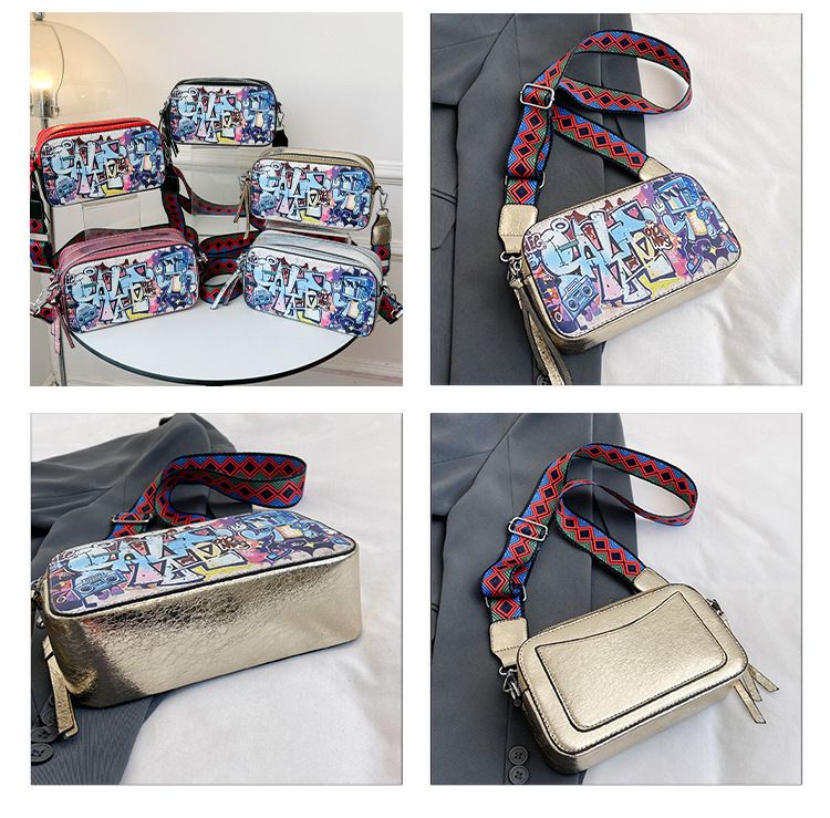 La popolare borsa a tracolla con tracolla larga a contrasto con graffiti personalizzati per donna, estate 2024, della fotocamera di quest'anno_voghion.com
