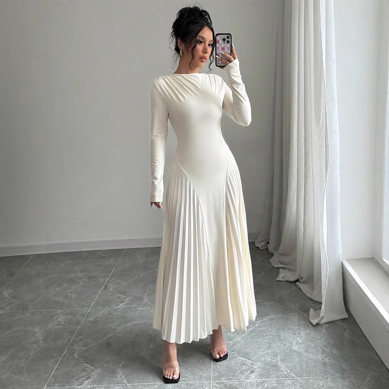 Nuovo abito plissettato a maniche lunghe lavorato a maglia, gonna lunga, elegante, sottile, versatile, alla moda_voghion.com