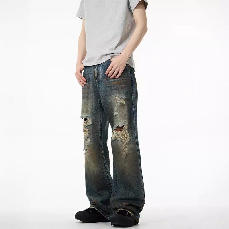 Bitte beachten Sie die Größentabelle! Please refer to the size chart in the picture American style ripped design floor length jeans for men, _voghion.com