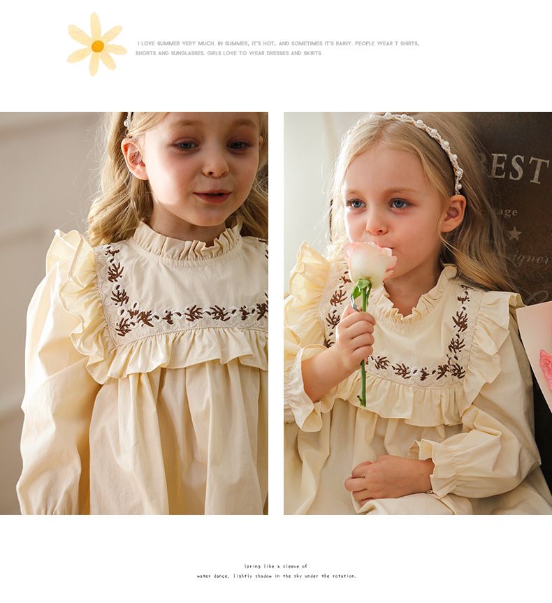 Mother & Kids Forest retro blomma broderi flickklänning 2024 höststil stativ krage lotusblad spets barns prinsessklänning långärmad_voghion.com