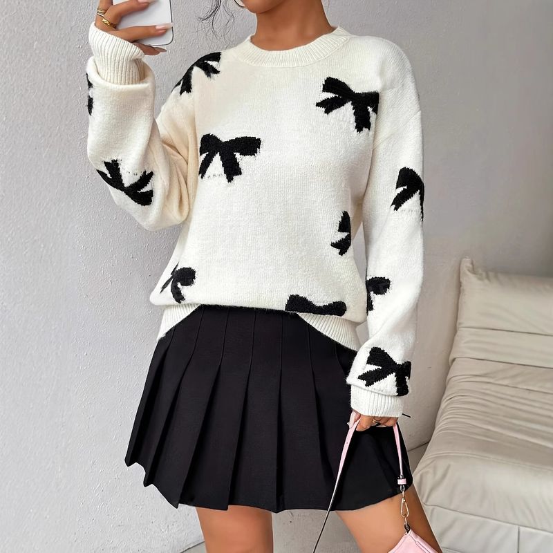 Women's Knit Sweater With Bow Detail – Oversized Long-Sleeve Pullover (S-L, Polyester, Elegant & Casual)_voghion.com