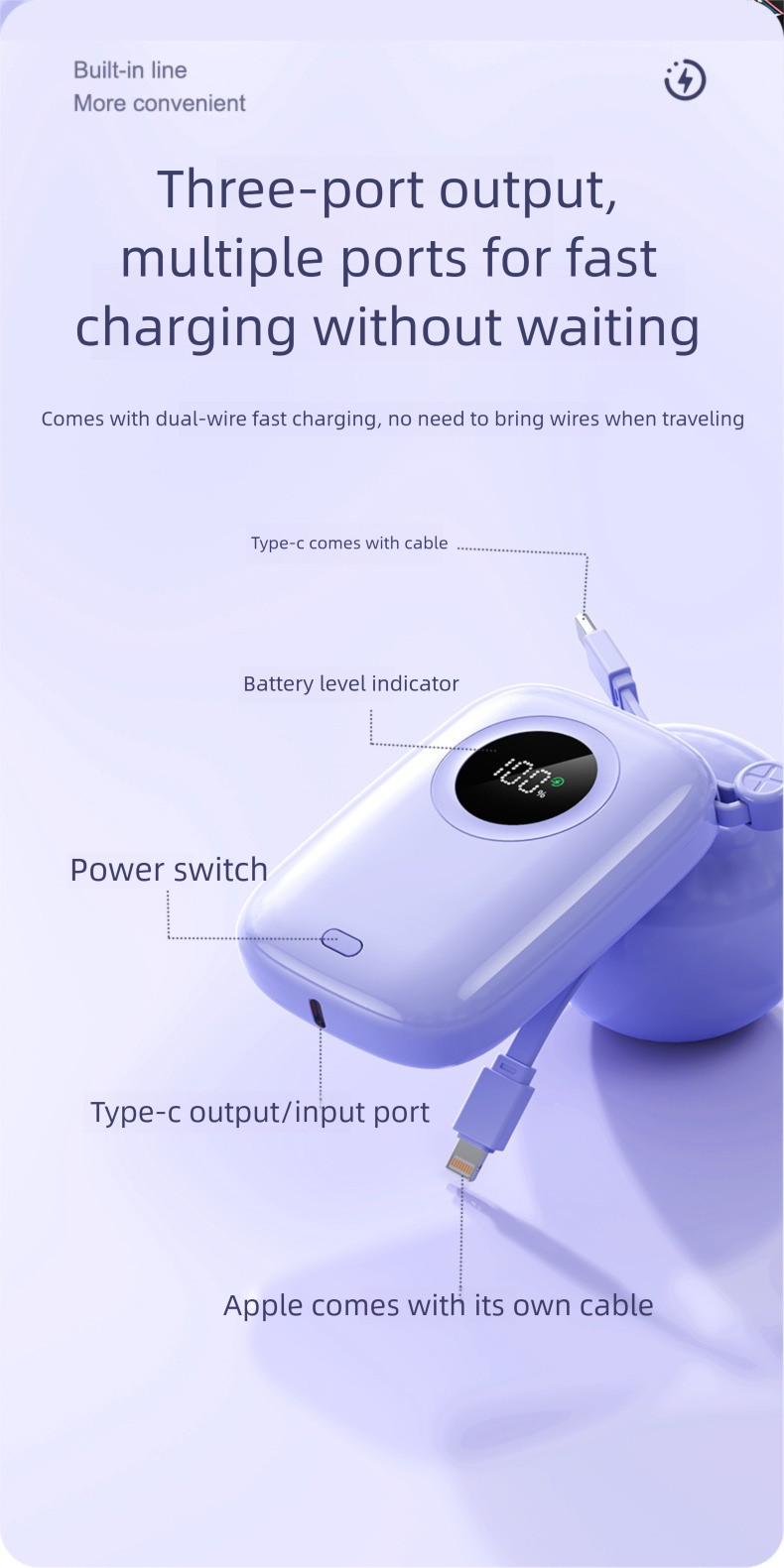 66W Super Fast Charging Built-in Cable Bank Compact And Portable 20000mAh Ultra Large Capacity Mobile Power Supply_voghion.com