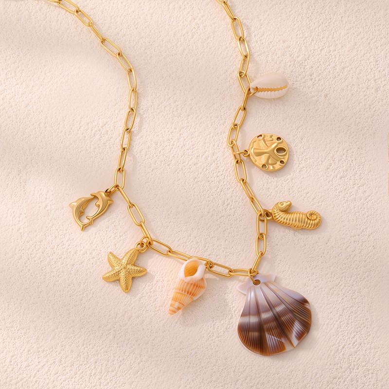 Necklace Women Golden Pendant Necklace Fashion Beach Style Turtle Conch Accessories For Women, Light Luxury High-End Feel, Non-Fading Titanium Steel_voghion.com