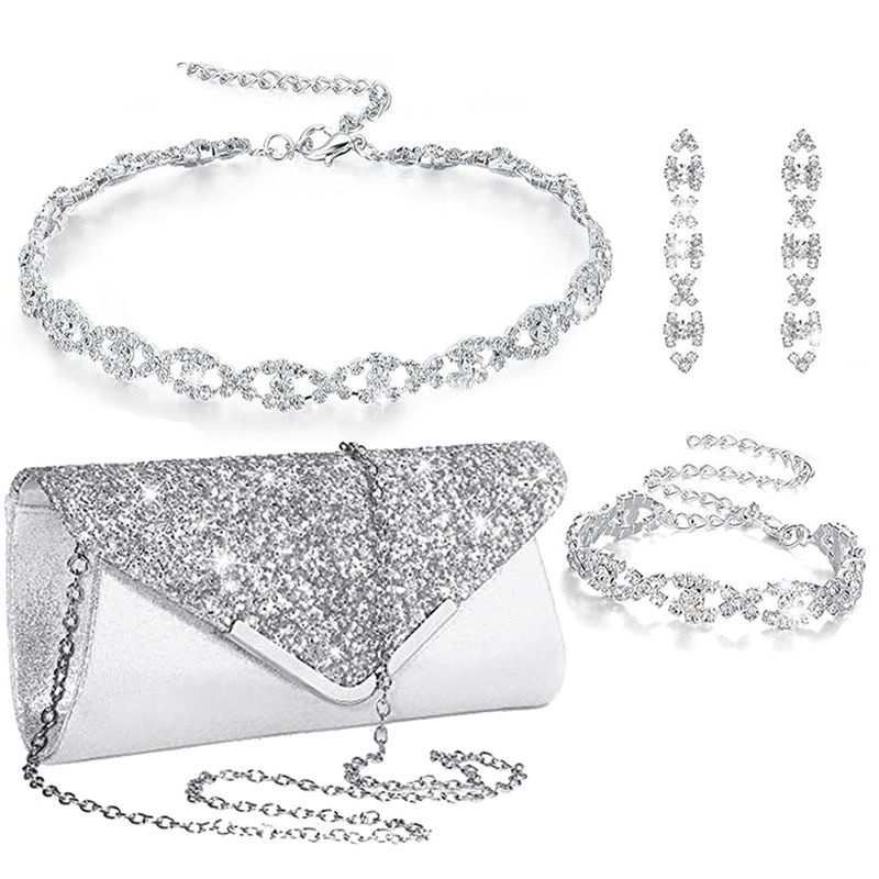Conjunto de joyas para mujer: elegante collar, pulsera y pendientes geométricos con diamantes para novia, fiesta de noche, bolso de noche a juego. Conjunto de joyas para bolso._voghion.com