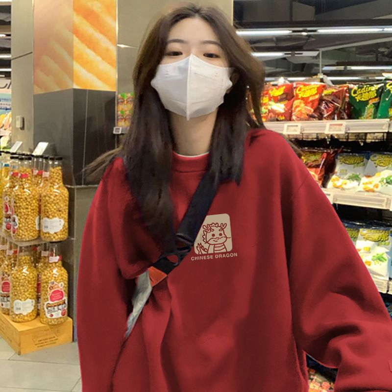 Red round neck hoodie women's spring jacket 2024 new loose plus velvet autumn and winter top 12_voghion.com