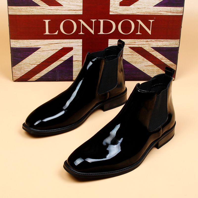 Chelsea Boots Herrenstiefel aus glänzendem Leder, kleiner quadratischer Kopf, kurze Stiefel, High-Top-Business-Lederschuhe, Lackleder-Herrenstiefel_voghion.com