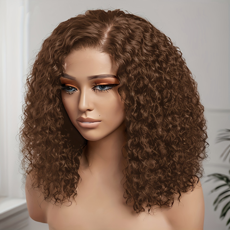 13*4 encaje cabello humano marrón BOB corto mullido profundo rizado moda señoras vestir peluca 10-16"_voghion.com