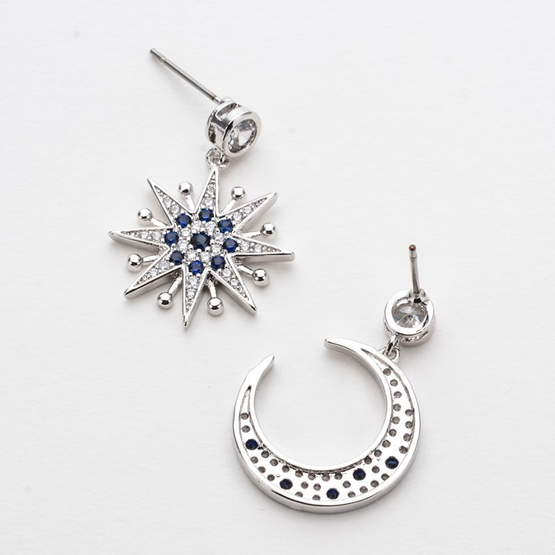 Unique design, personalized earrings with asymmetrical stars and moon, a pair of earrings inlaid with zircon temperament, versatile earrings_voghion.com