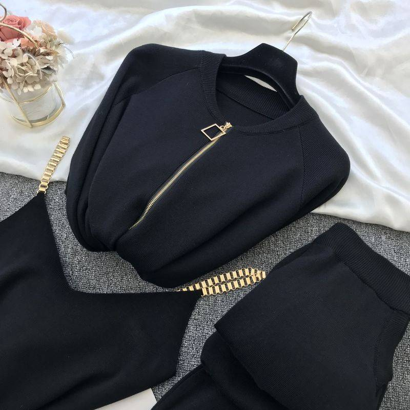 Dammekleedung modesch gestréckte V-Hals Pullover + Casual Hosen Zwee-Stéck Set_voghion.com