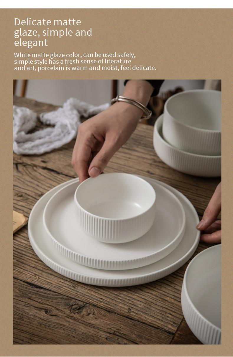 Dika Series Nordic Ceramic Dinnerware - White Embossed Plates & Bowls (Minimalist Retro Style For Everyday Dining)_voghion.com