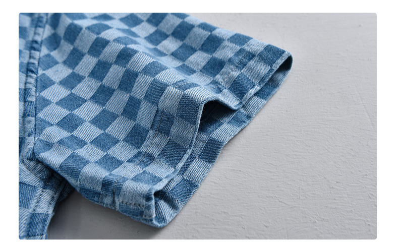 Abbigliamento estivo da uomo, camicia in denim a maniche corte a quadri alla moda maschile, comoda, giovanile, casual, coordinata, in cotone_voghion.com