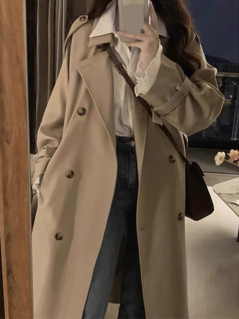 Damen-Trenchcoat – Übergroßer langer Mantel mit Prinzessärmeln, zweireihiger Knopfleiste, Khaki/Schwarz, Petite & Plus Size Friendly_voghion.com