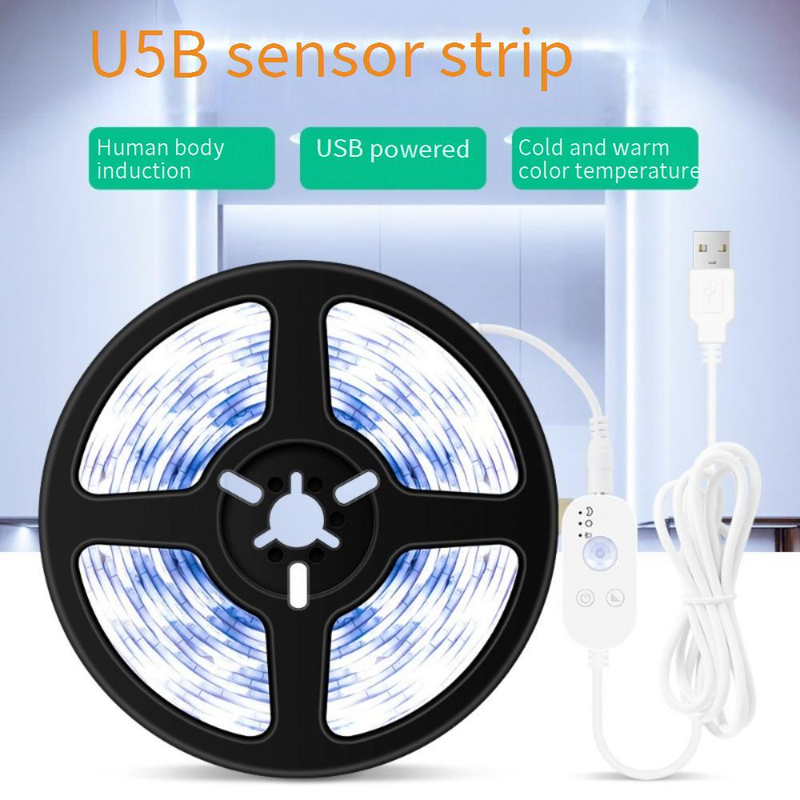 Slimme LED-stripverlichting met bewegingssensor voor kledingkasten en kasten, USB-aangedreven 5V laagspanning waterdichte 2835 LED-lichtbalk, 60 LED's/m, wit/warm licht_voghion.com