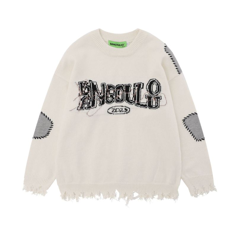 Maglione unisex oversize con ricamo di lettere, effetto consumato, in misto cotone traspirante, spalle scese, stile streetwear (colori e fantasie multiple)_voghion.com